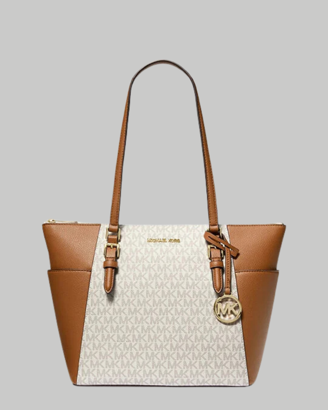 Charlotte Large Logo and Leather Top-Zip Tote Bag-VANILLA