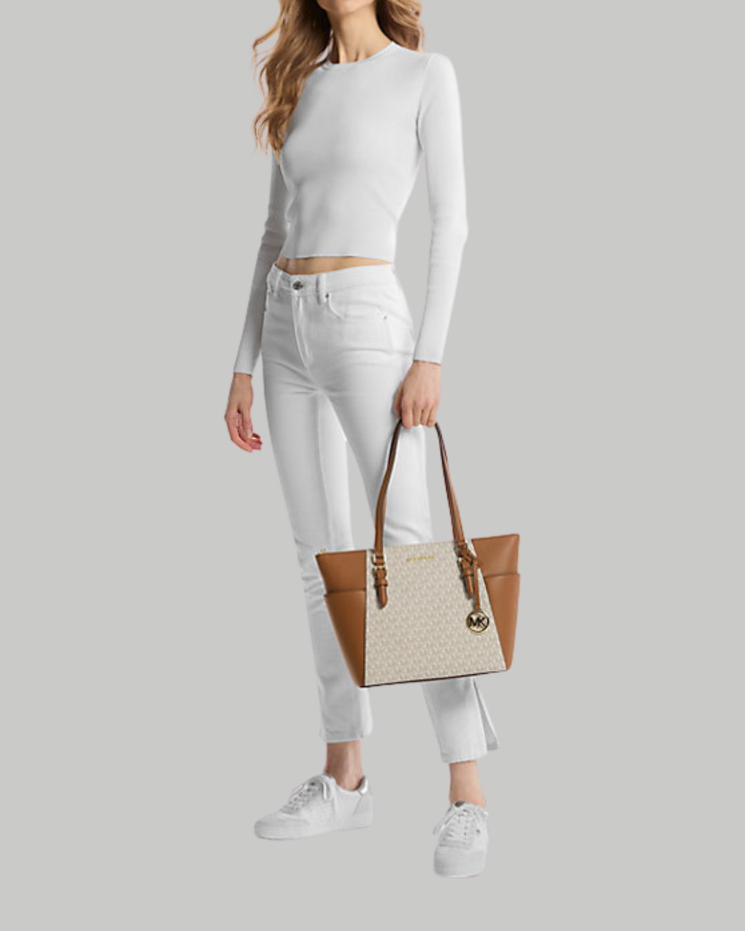 Charlotte Large Logo and Leather Top-Zip Tote Bag-VANILLA