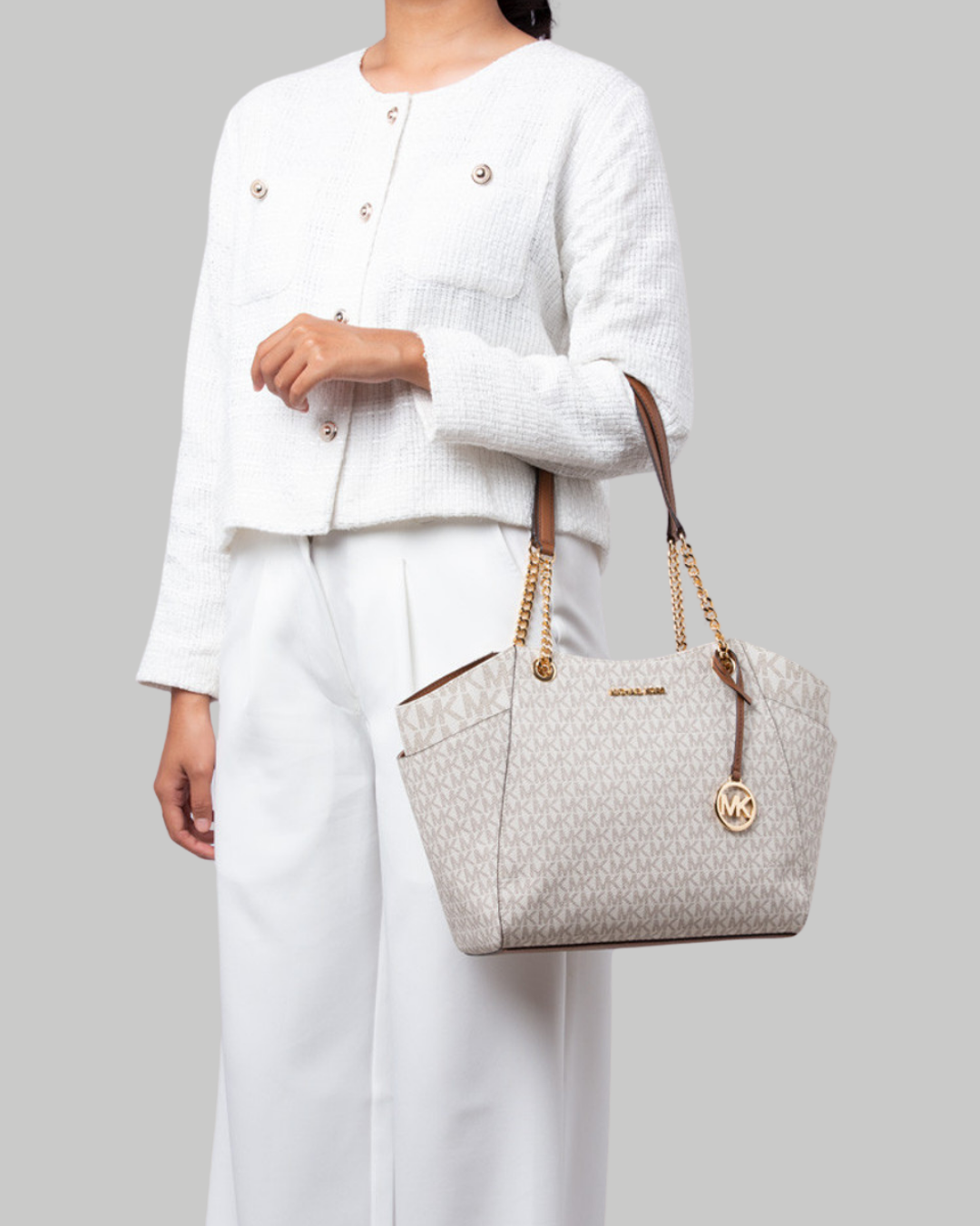 Jet Set Large Signature Logo Shoulder Bag-VANILLA