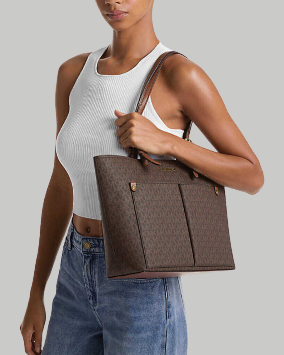 Jet Set Medium Logo Pocket Tote Bag-BROWN