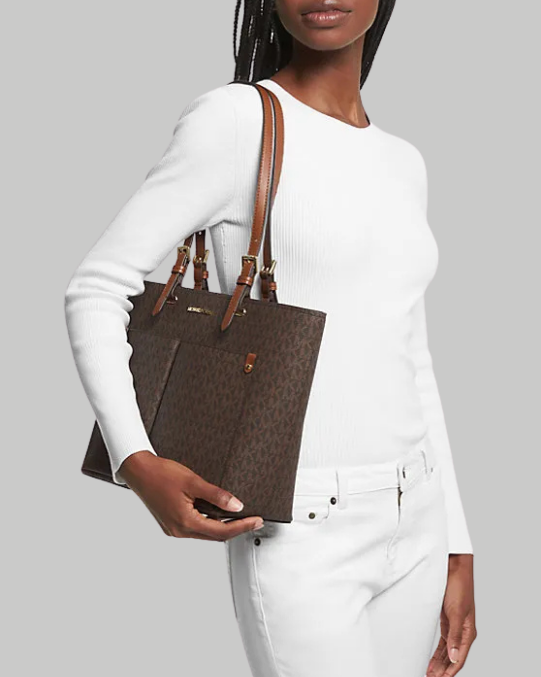 Jet Set Medium Logo Pocket Tote Bag-BROWN