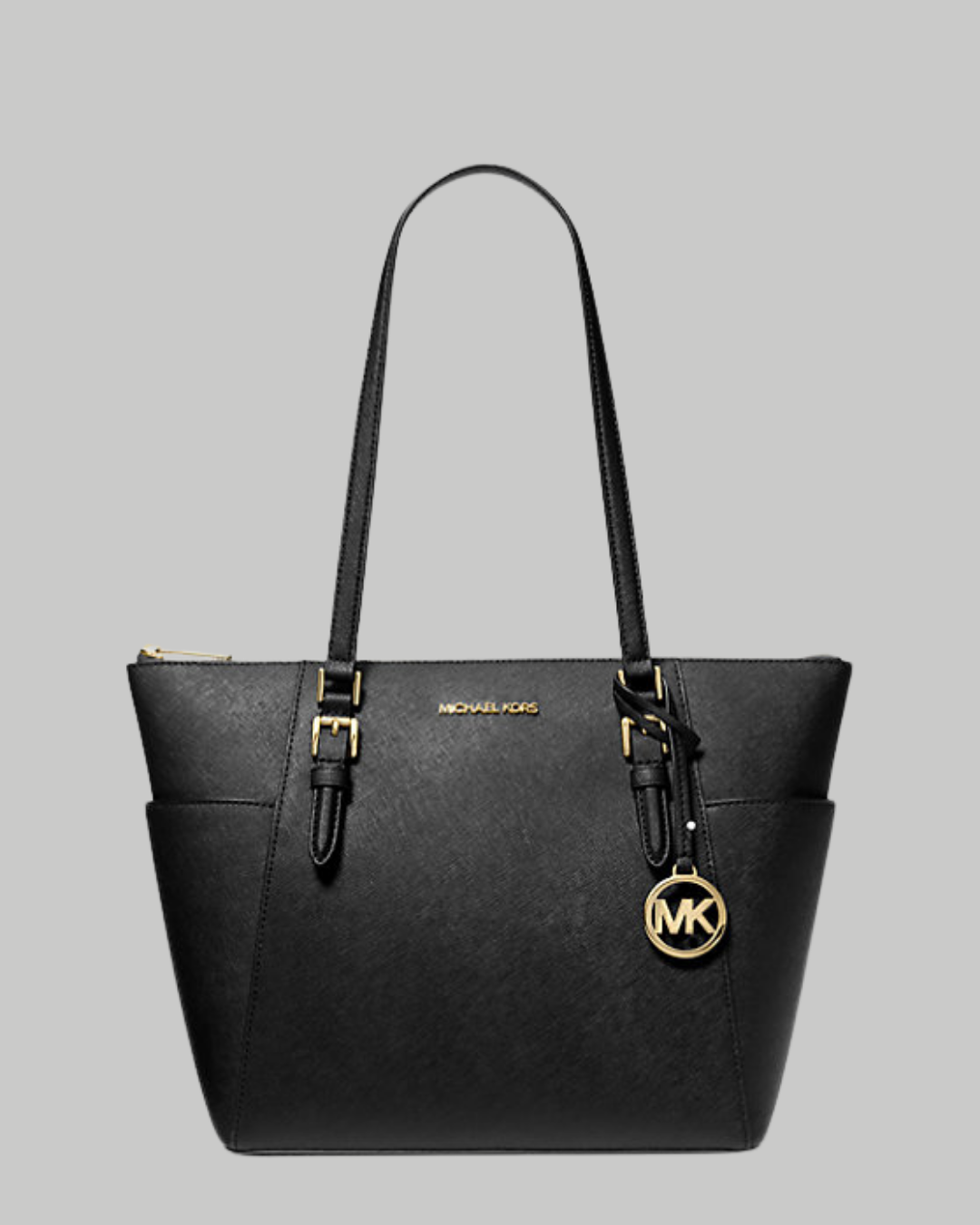 Charlotte Large Saffiano Leather Top-Zip Tote Bag-BLACK