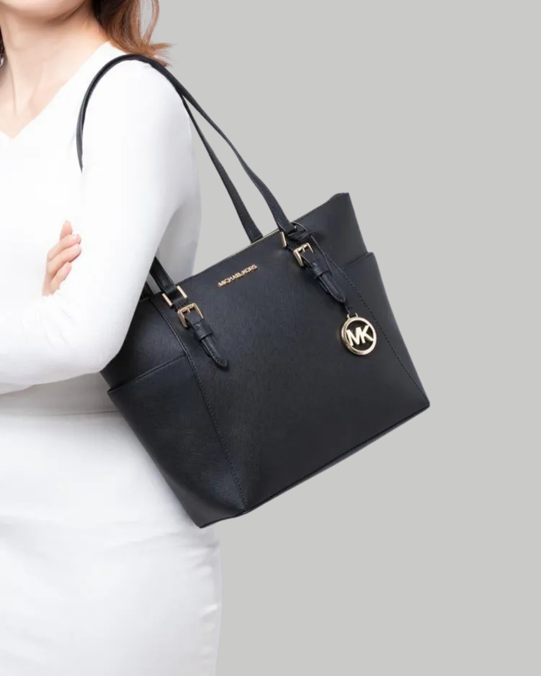 Charlotte Large Saffiano Leather Top-Zip Tote Bag-BLACK