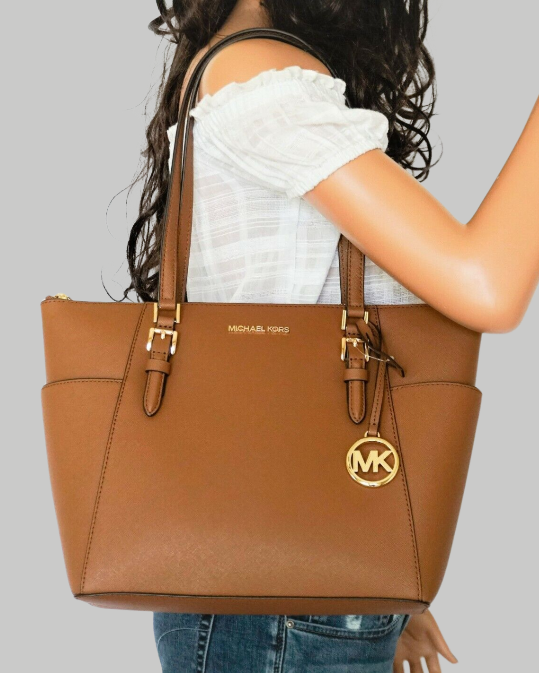 Charlotte Large Saffiano Leather Top-Zip Tote Bag-LUGGAGE
