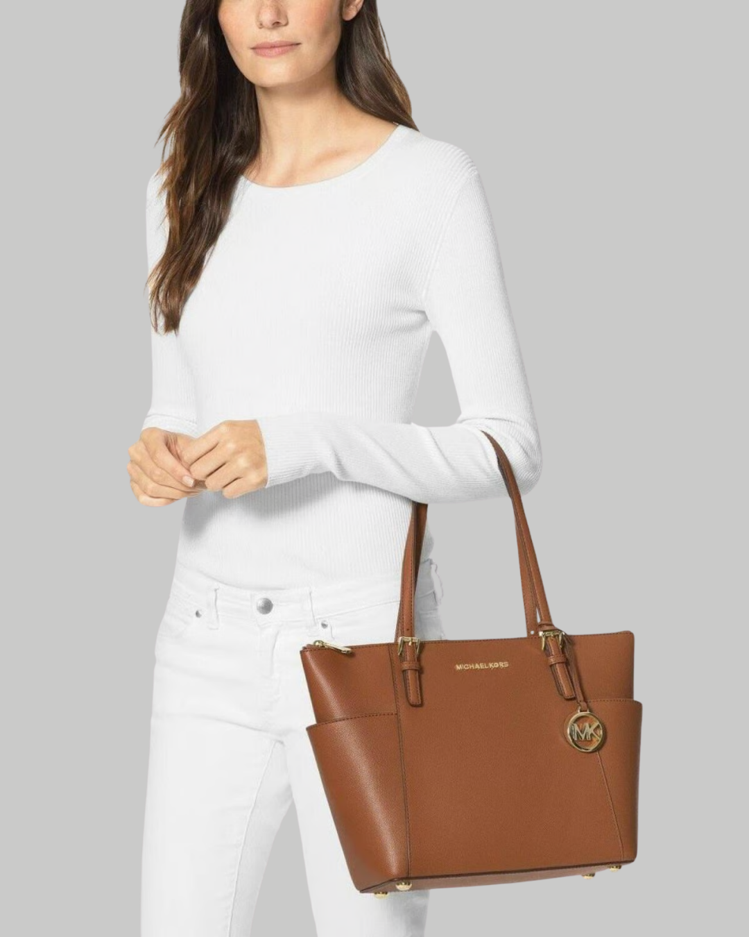 Charlotte Large Saffiano Leather Top-Zip Tote Bag-LUGGAGE