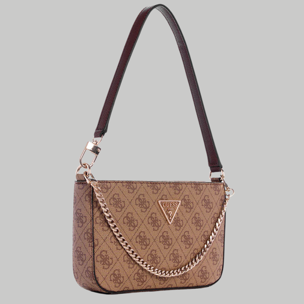 Brown handbag with chain detail and visible brand logo on a gray background