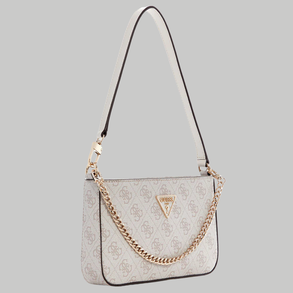Light gray handbag with gold chain detail on a gray background