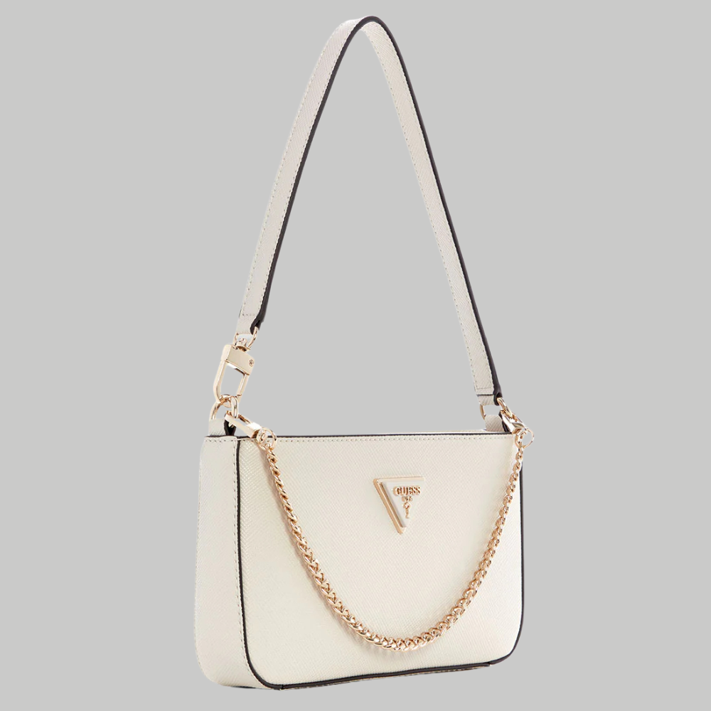 White handbag with a gold chain strap on a gray background